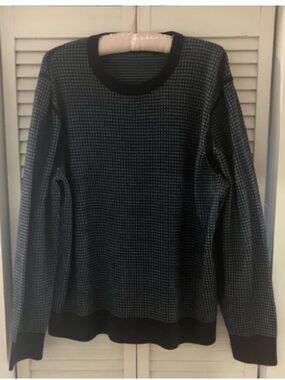 Theory Blue Checkered Plaid Print Wool Crewneck Sweater